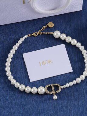 Dior Gradient Pearl CD Crystal Logo Choker Necklace